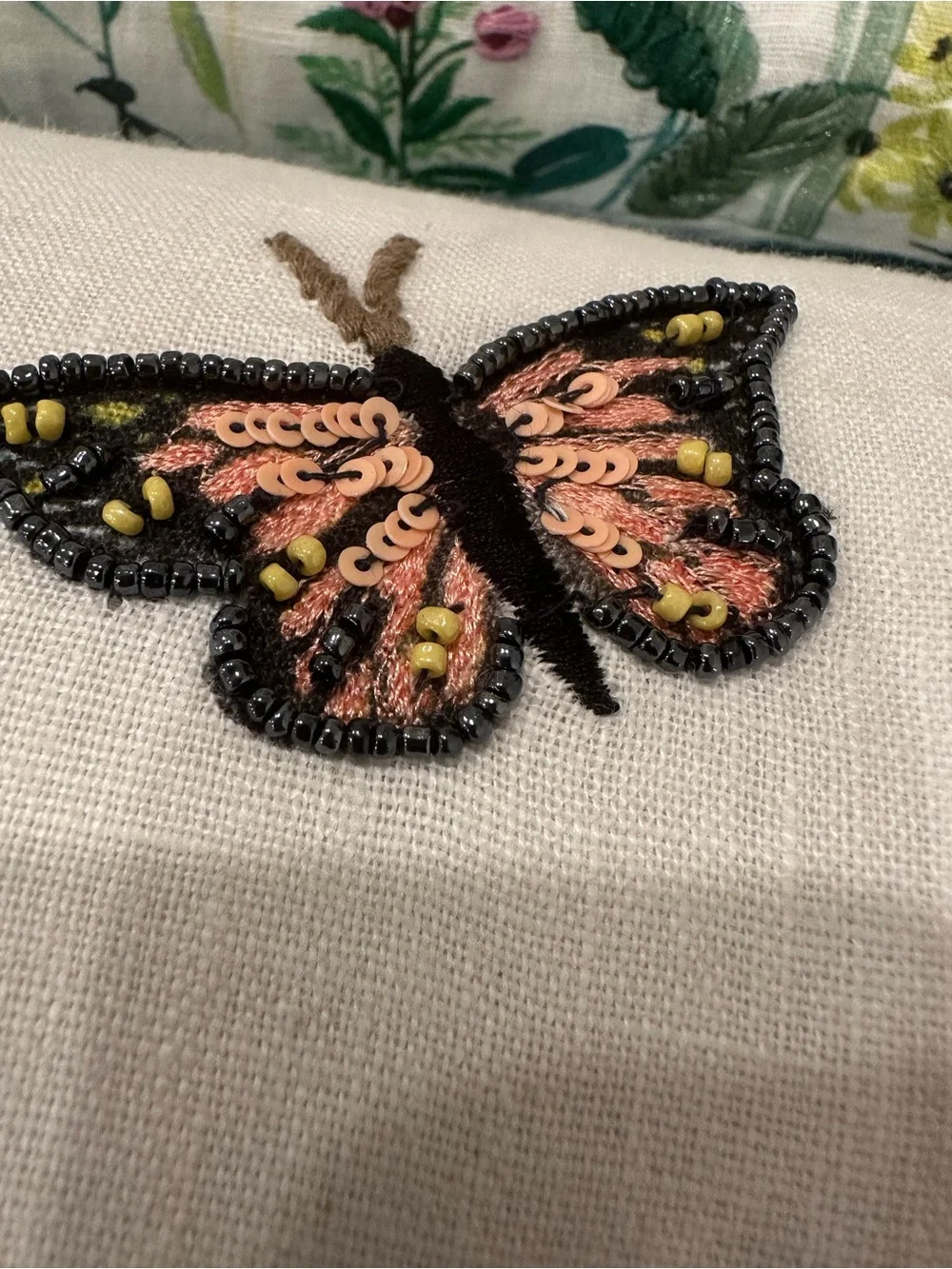 Set of 2 Embroidered Floral Butterfly Lumbar Pillows 12x23 Beaded Sequin